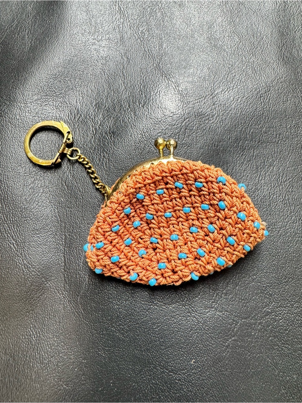 Hand-Crocheted Orange Coin Purse with Blue Beads Keychain